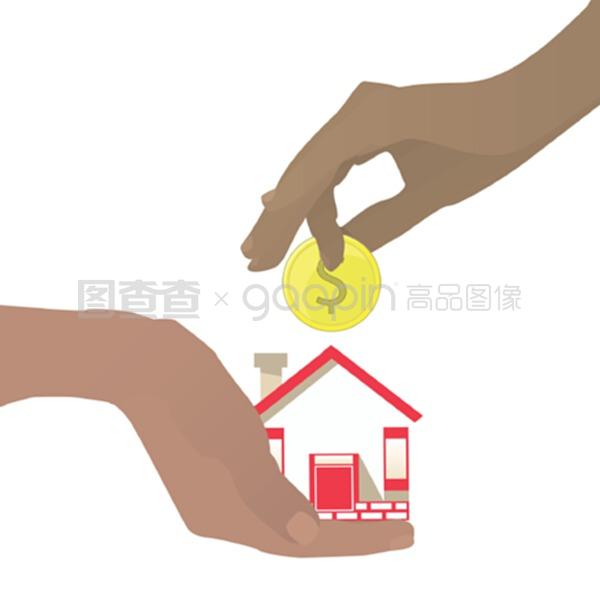 抵押的概念。与房子和硬币手牵手